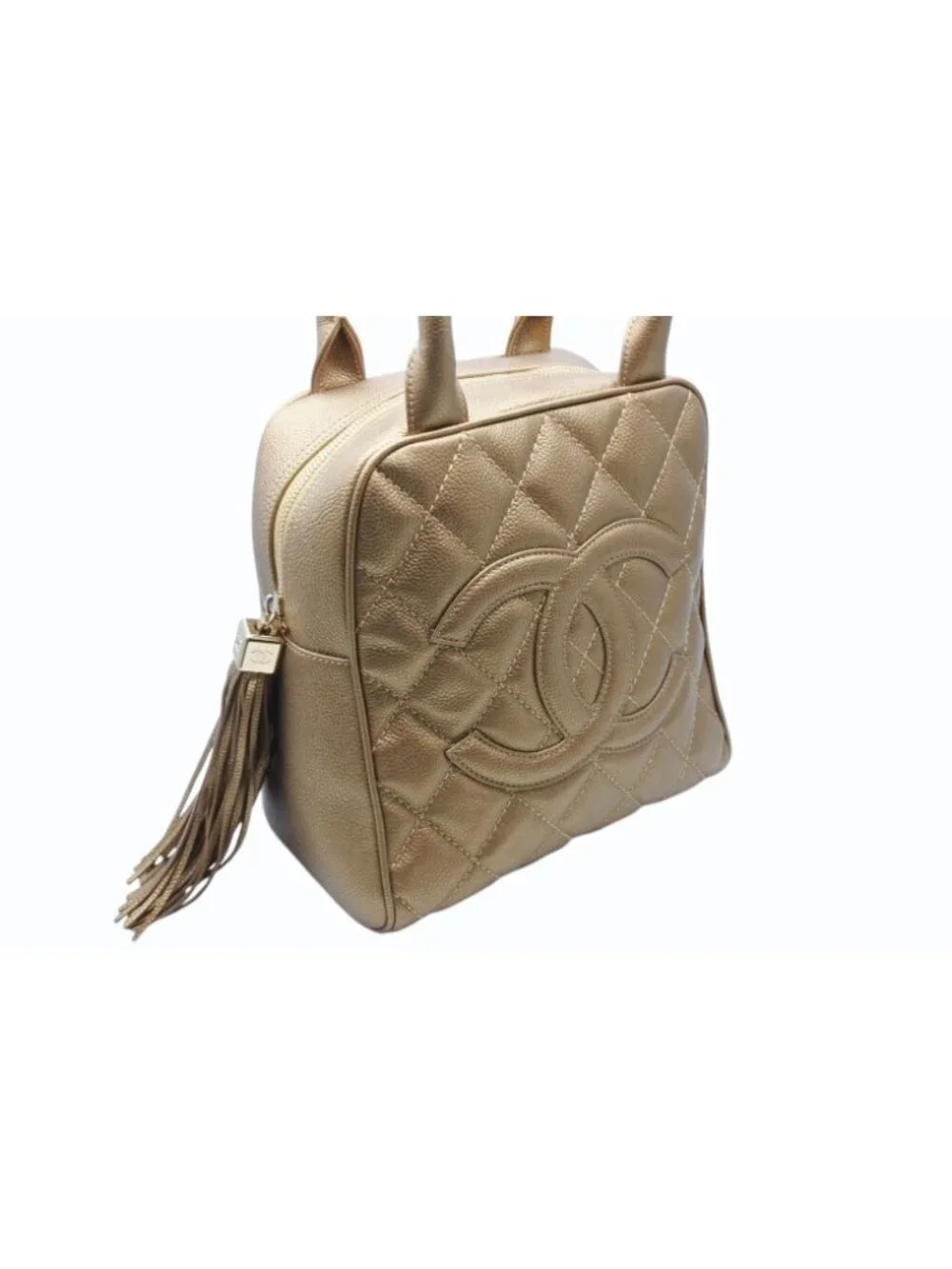 Chanel Handbag Caviar Leather CC Logo Fringe Gold
